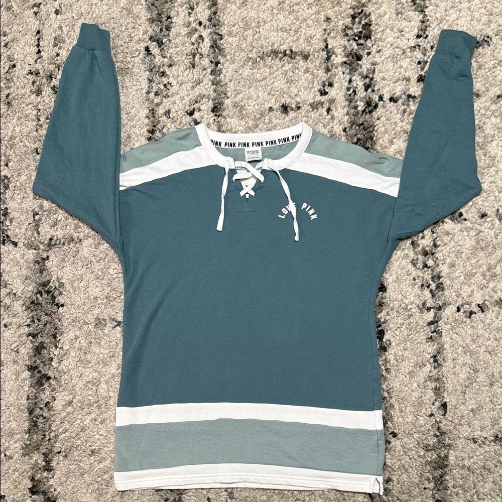 PINK Victoria's Secret Teal and White Lace-Up Oversized Sweatshirt - Picture 2 of 10